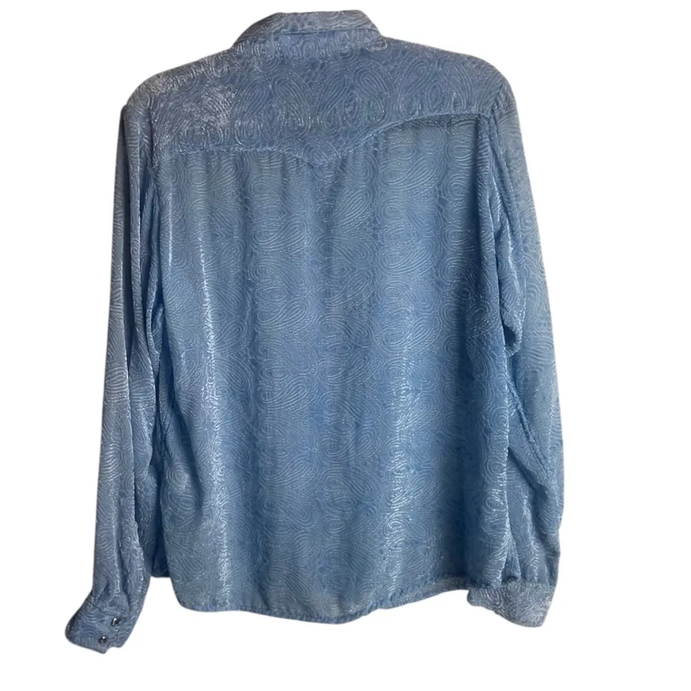 Wrangler Size Large Powder Blue Rinestone Snap Down Shirt Velvet Burn Out Top - Image 2