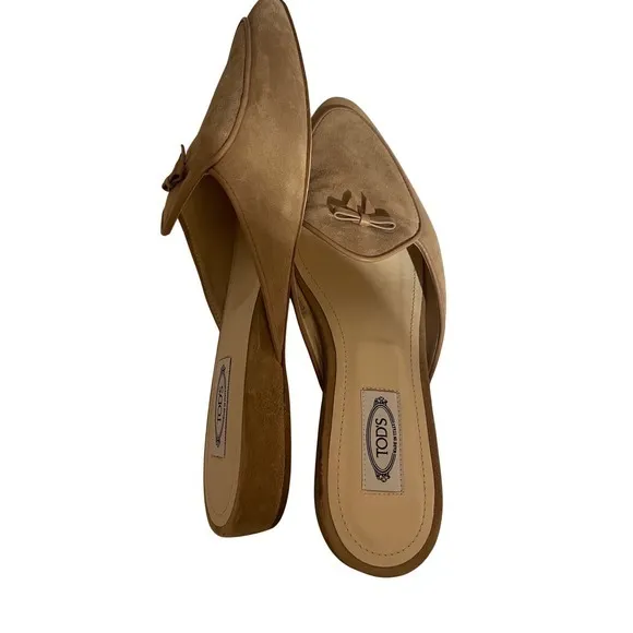 TODS Suede Mules Pointed Toe Bow Accent Tan Made in Italy Women's Size 9 - Image 2