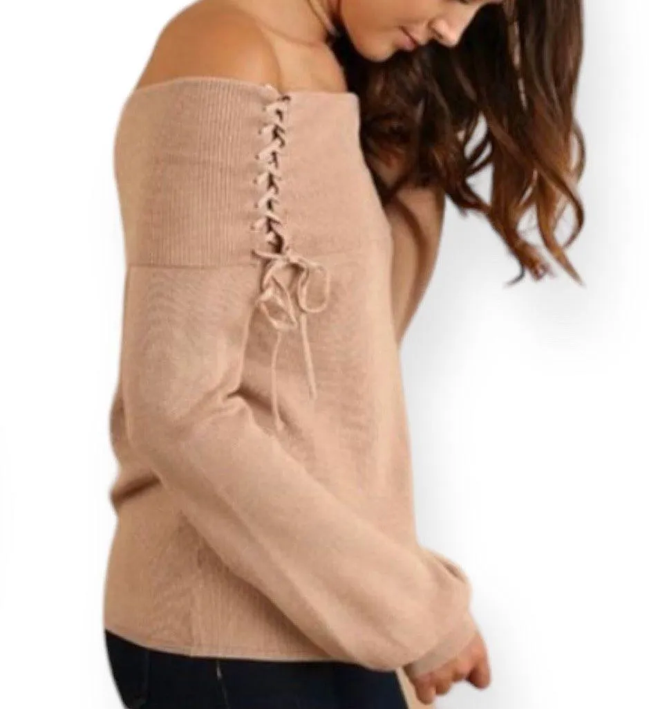 NWT  Women’s Drawstring Neckline Cowl Neck Off Shoulder Sweater Tan Small - Image 2