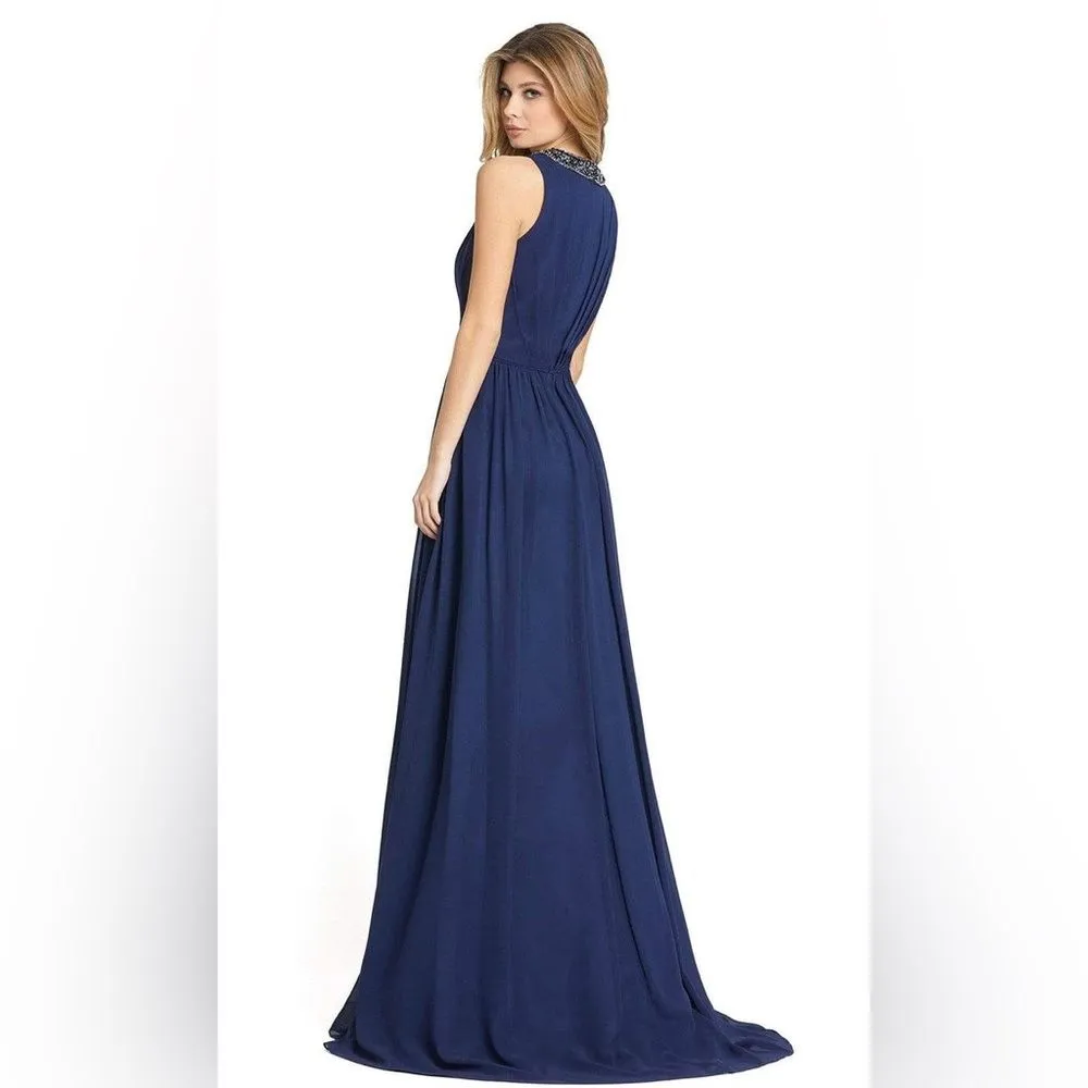 NWT Mac Duggal Ieena Bejeweled Neckline Pleated Chiffon Gown Size‎ 14 Navy Blue - Image 16
