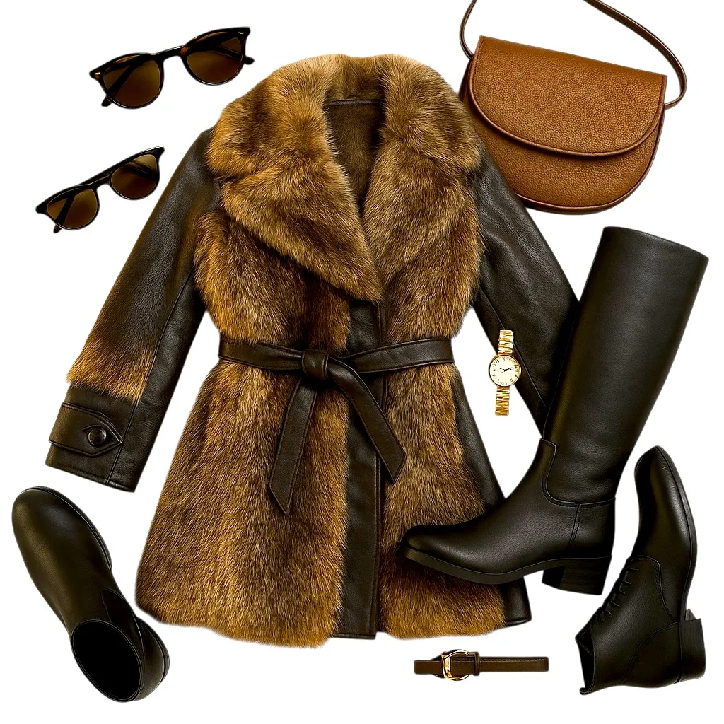 Vintage 1970s Raccoon Fur Leather Coat Mid Length Belted Boho Heritage Luxe GUC Brown Size 8 - Image 3