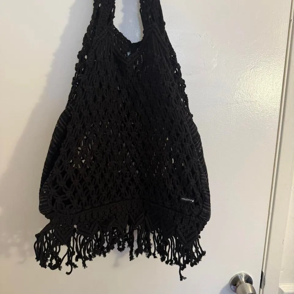 Volcom Black Macrame Fringe Tote Bag Beach Festival Boho - Image 3