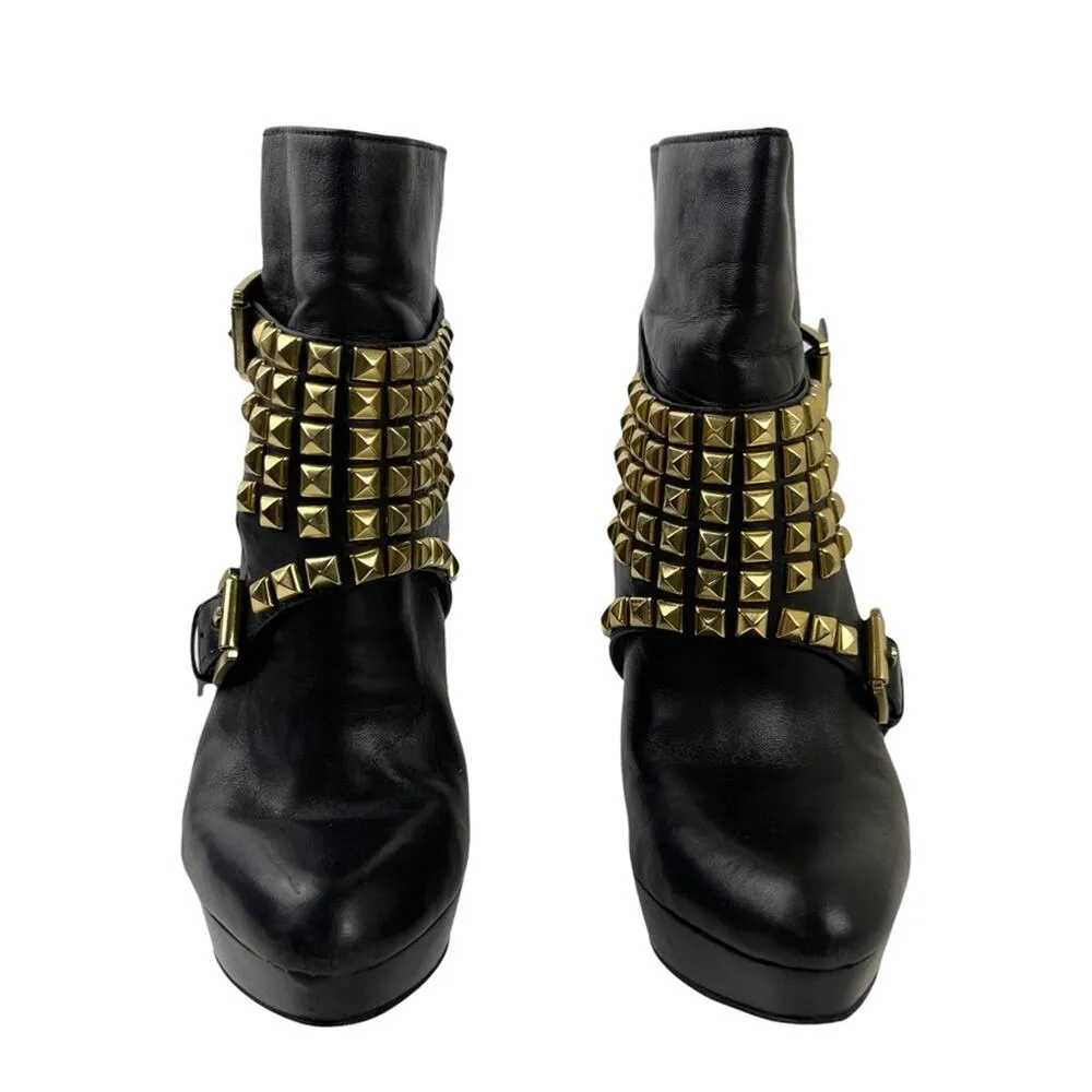 Michael Kors Rock and Roll Black Leather Gold Studs Harness Booties Boots 7M - Image 11