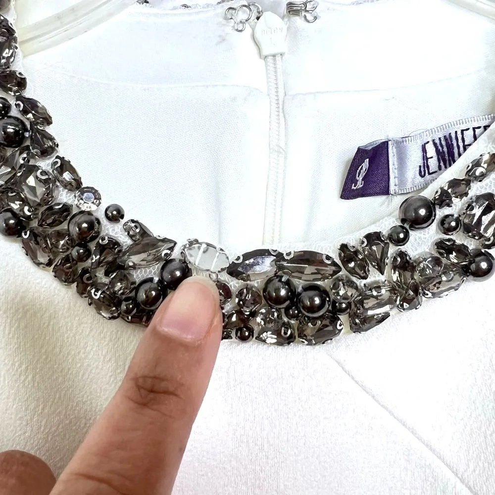 Jennifer Lopez Elegant White Sheath Midi Beaded Neckline Bodycon Dress 12 Glam - Image 5