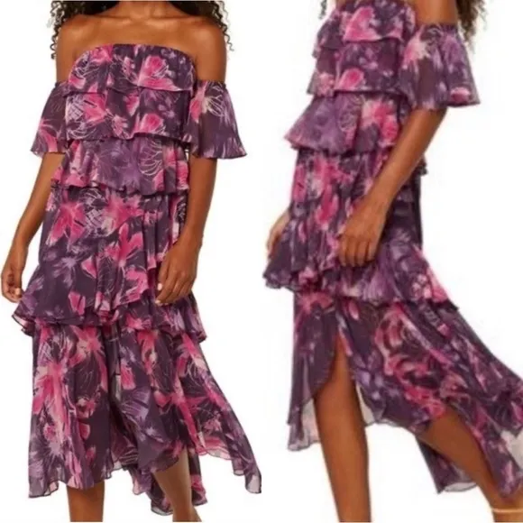 Misa Los Angeles Dalia Purple Floral Off Shoulder Midi Dress Small - Image 2