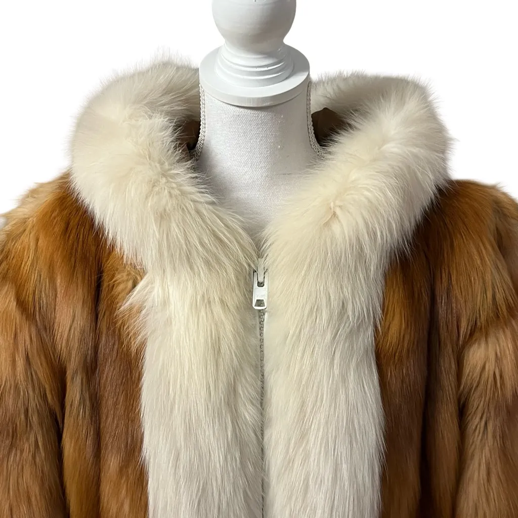 Womens Genuine Red Fox Fur Parka Jacket White Fox Trim Size M Full Zip - Image 3