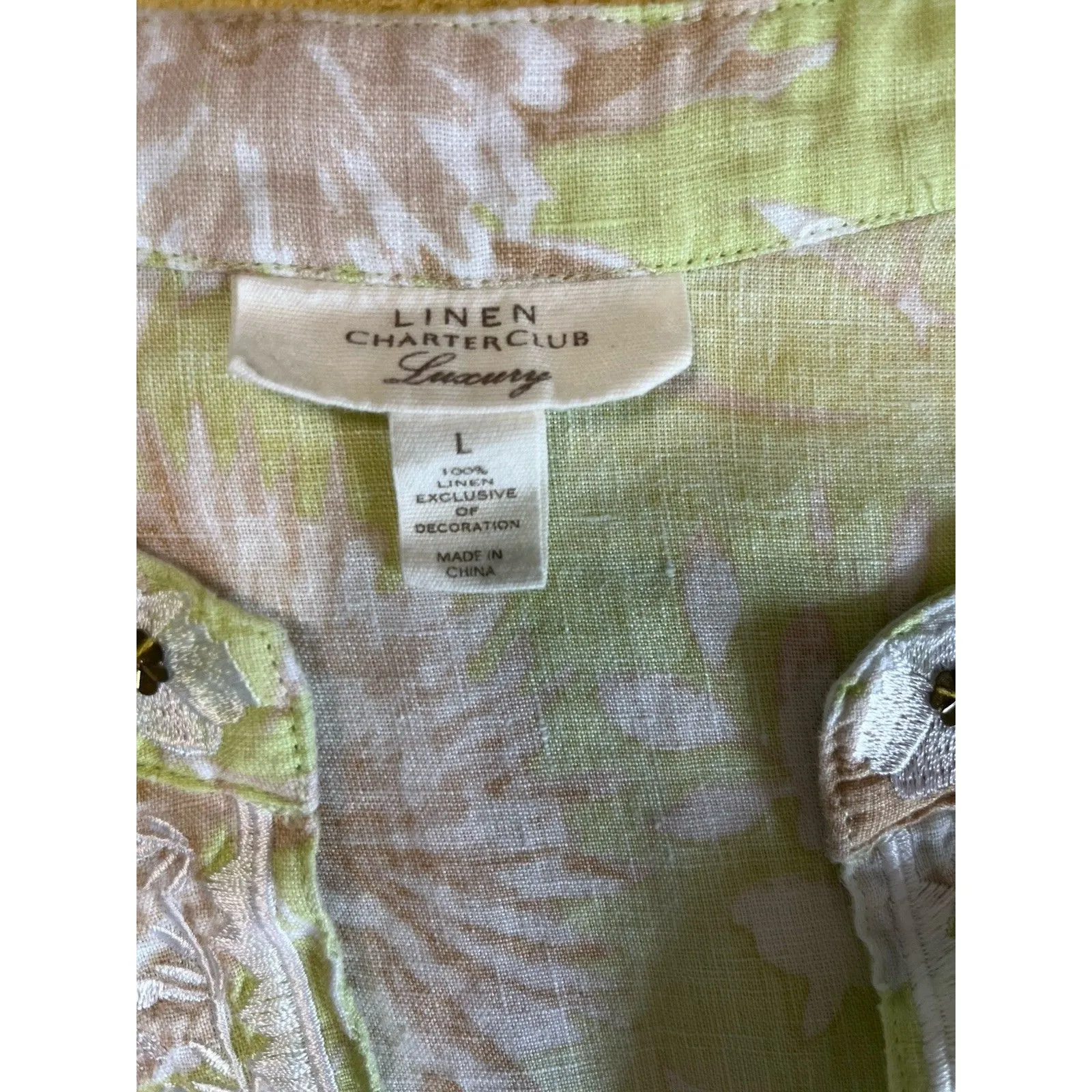 Charter Club Luxury Linen Tunic Top Size L Chartreuse Floral Embellished - Image 6