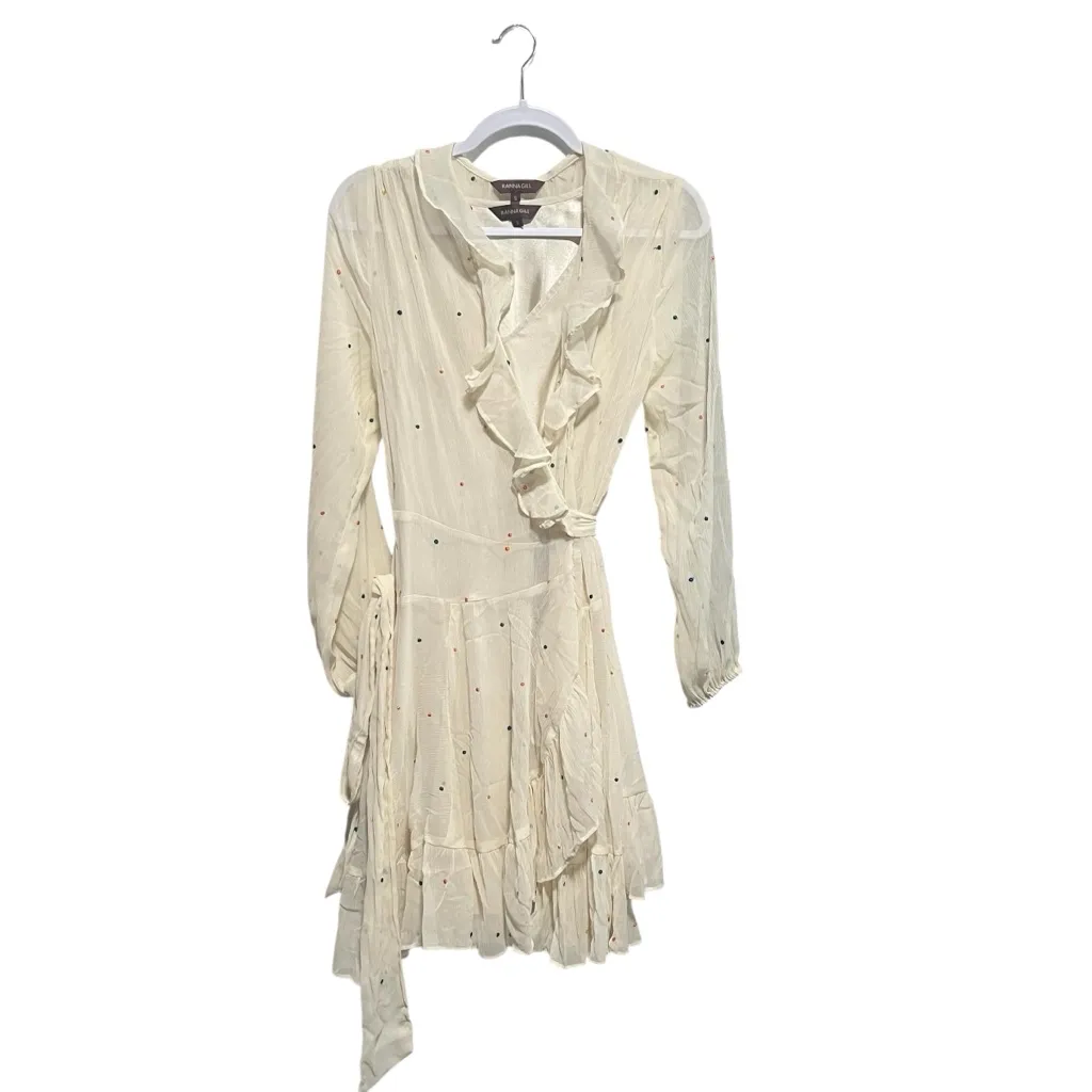 Anthropologie Ranna Gill Chiffon
Wrap Dress Belted Ruffle Hem
Cream, Size Small - Image 2
