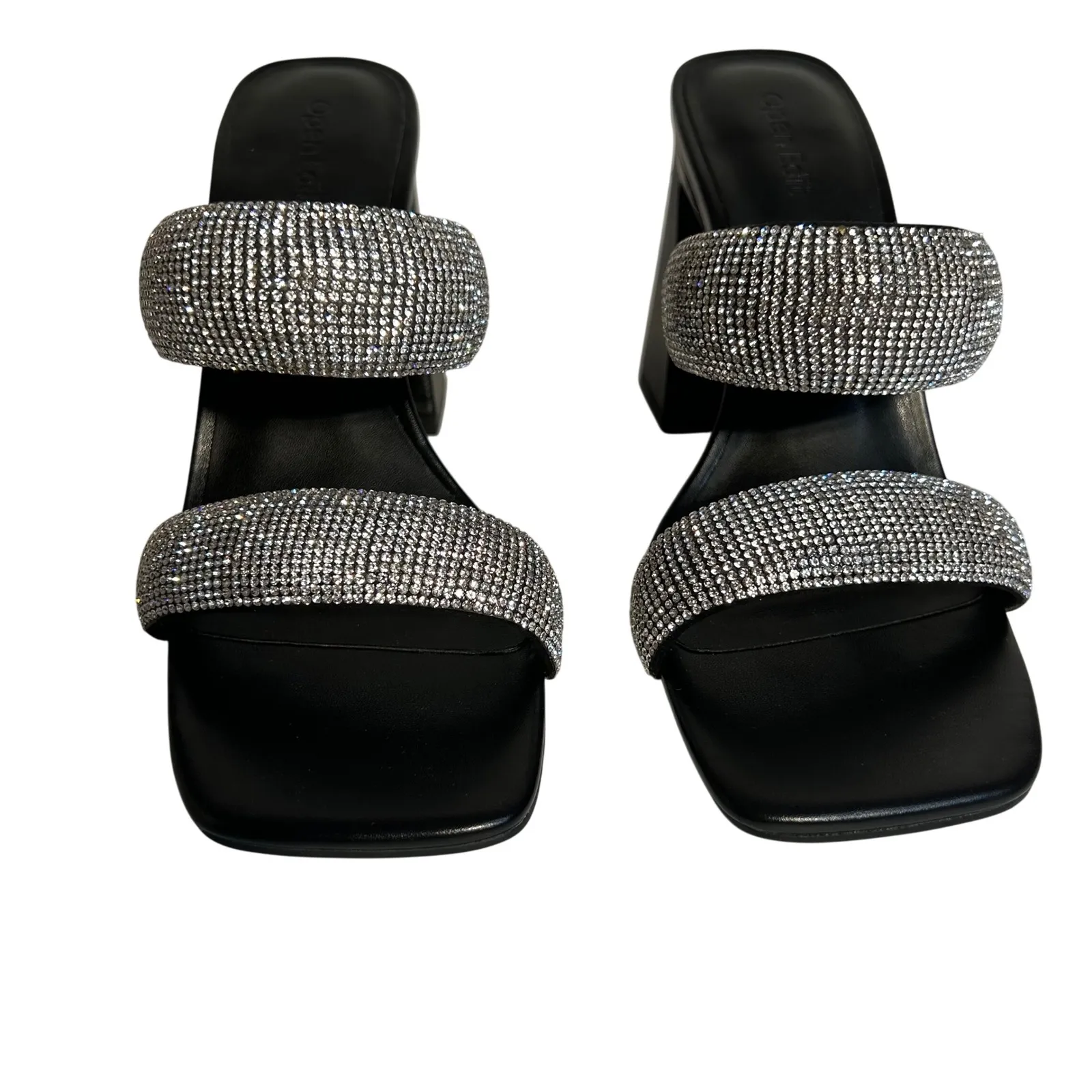 Open Edit Womens Black Rhinestone Double Strap Block Heel Slide Sandals 8.5M - Image 10