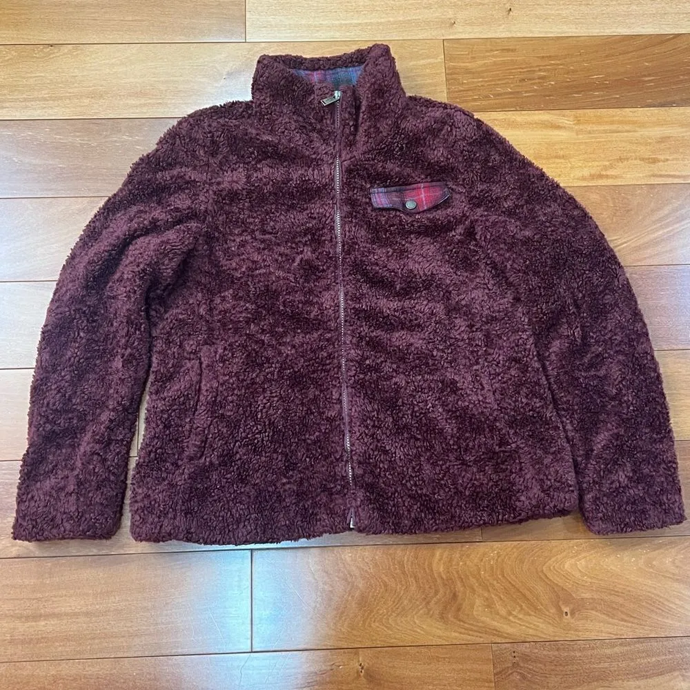 Pendleton Zip Up Burgundy Boucle teddy Fleece Jacket With Plaid Pocket Size L - Image 2