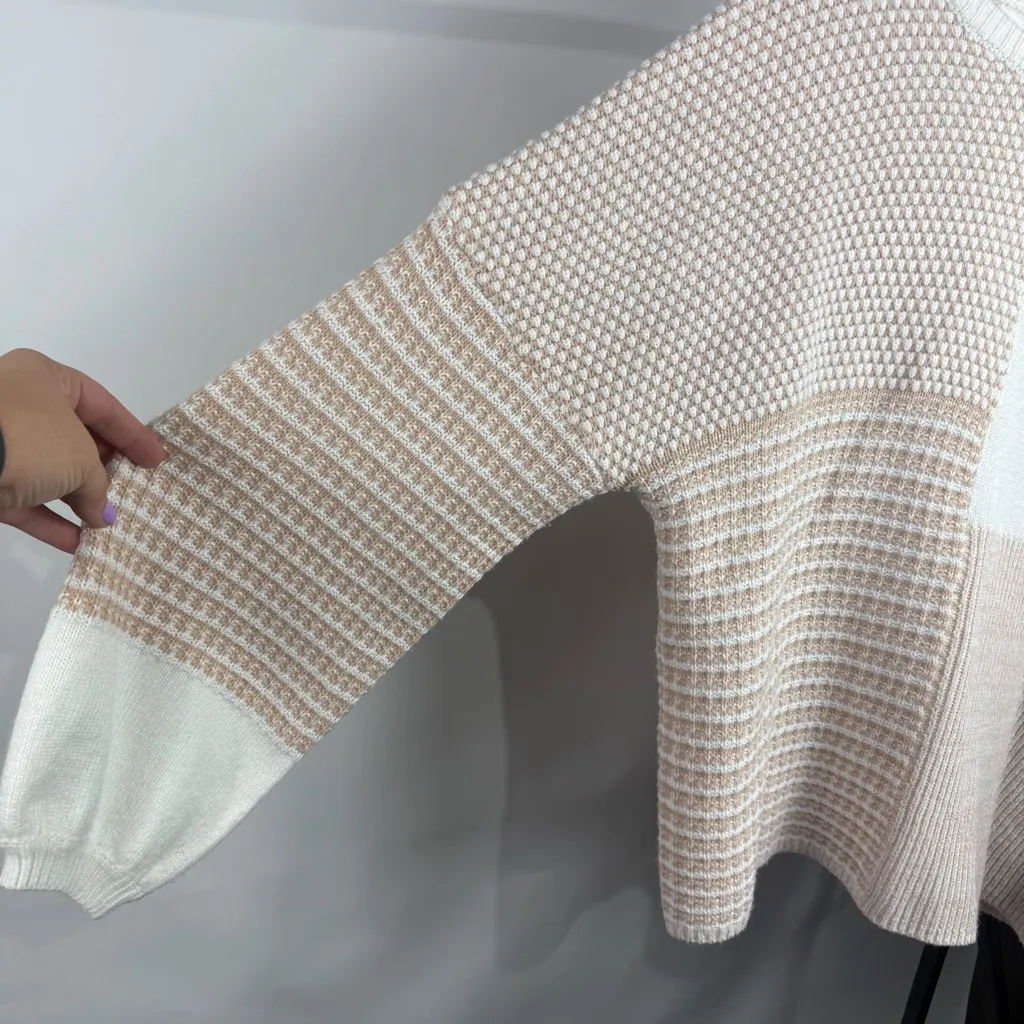 Oatmeal Mixed Pattern Knit Tie Keyhole Drop Shoulder Sweater Size Large Tan - Image 5