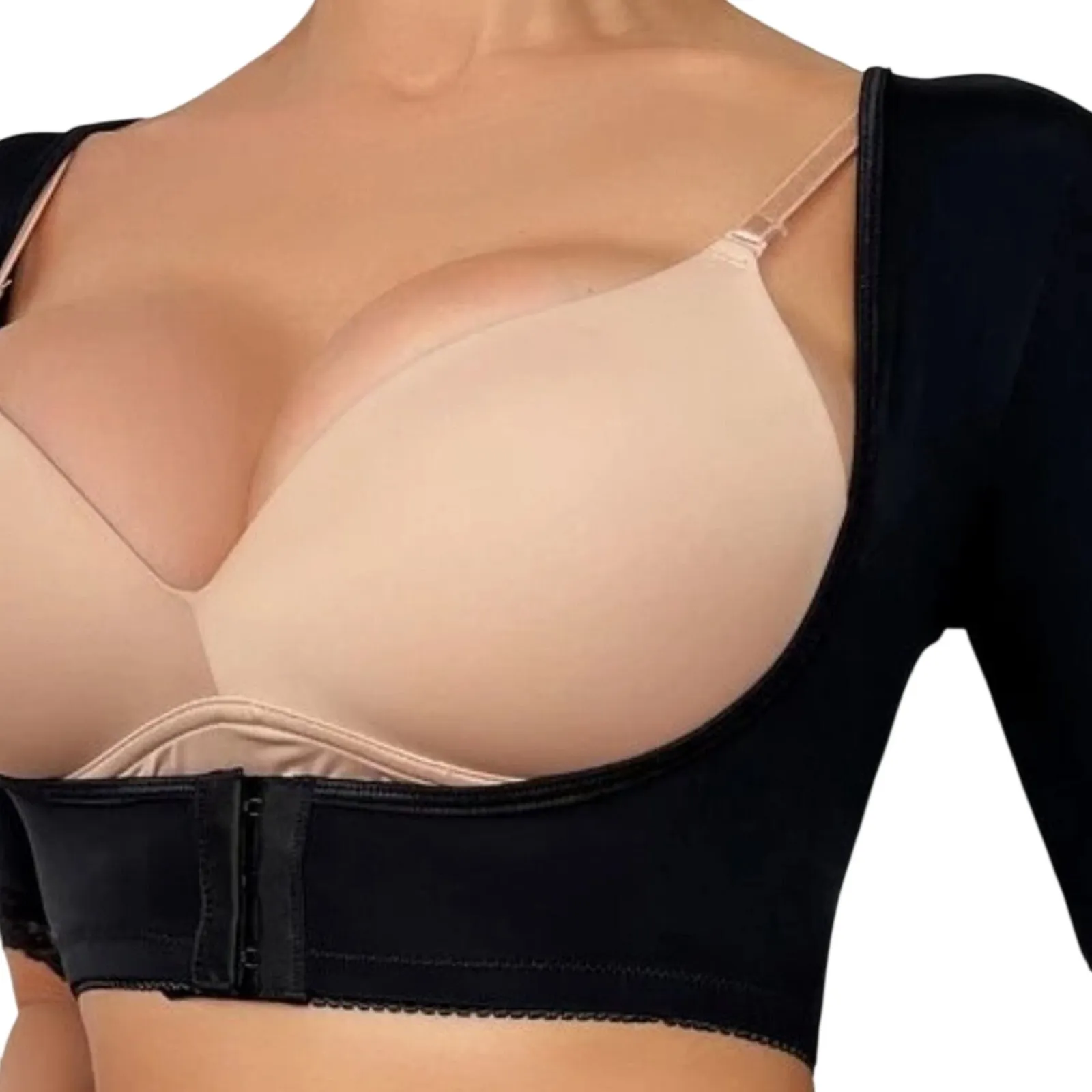 Buckle Front Lace Trim Shapewear Arm Slimming Top in Black, Size M - Image 5