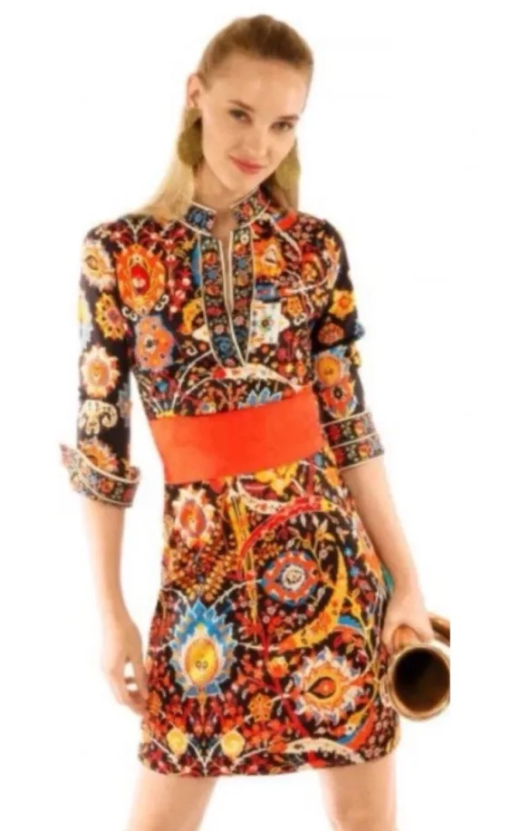 Gretchen Scott Mandarin Jersey Midi Dress Carpet Black Multi Size Medium Red - Image 2