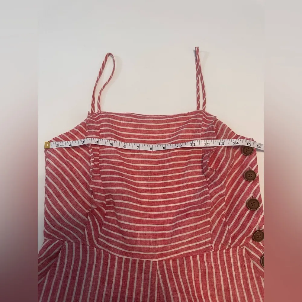 Red & White Striped Linen Jumpsuit w/ Buttons Size S - Image 12