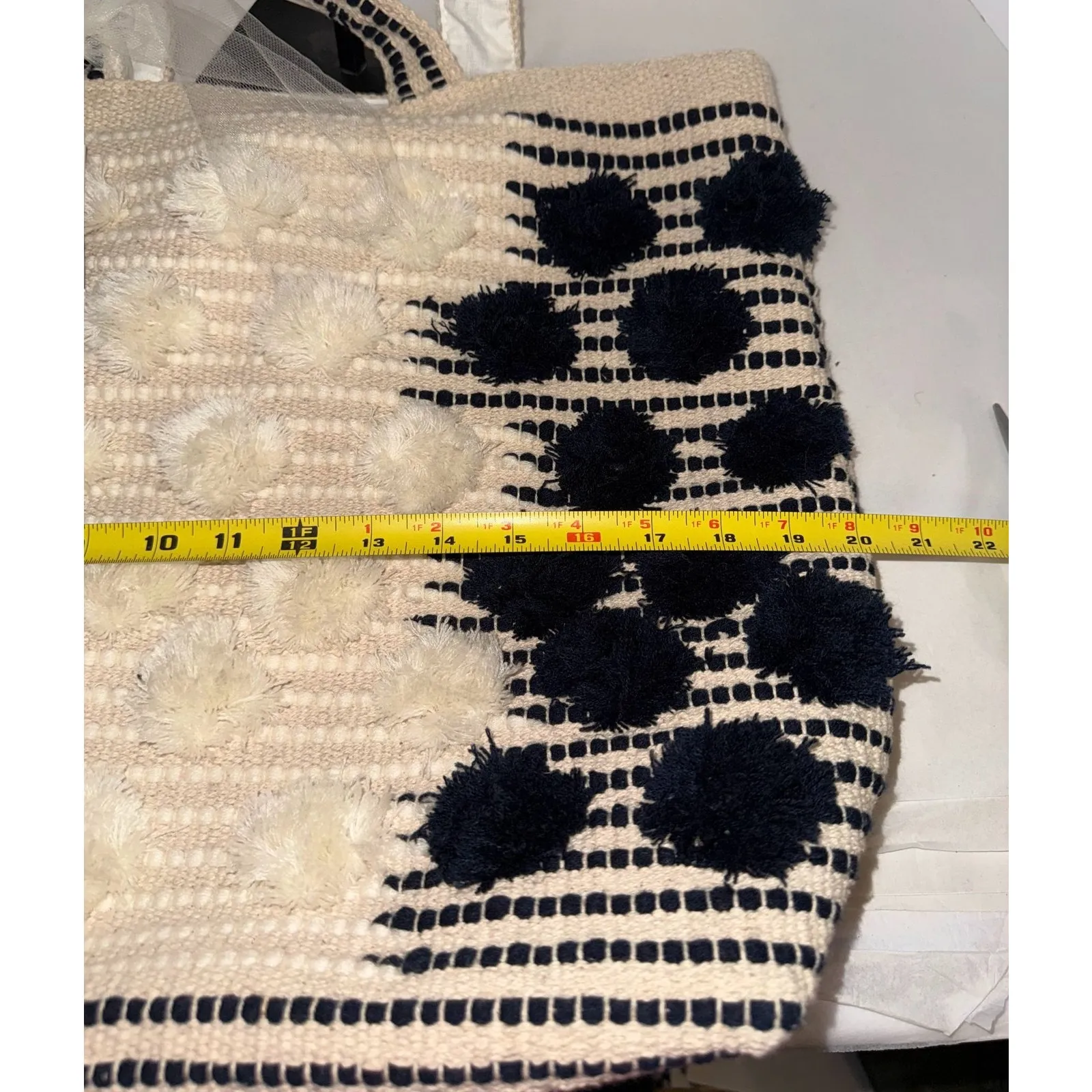 Mud Pie Handloom Pom Tote Bag Navy Large Textured Pompoms New - Image 7
