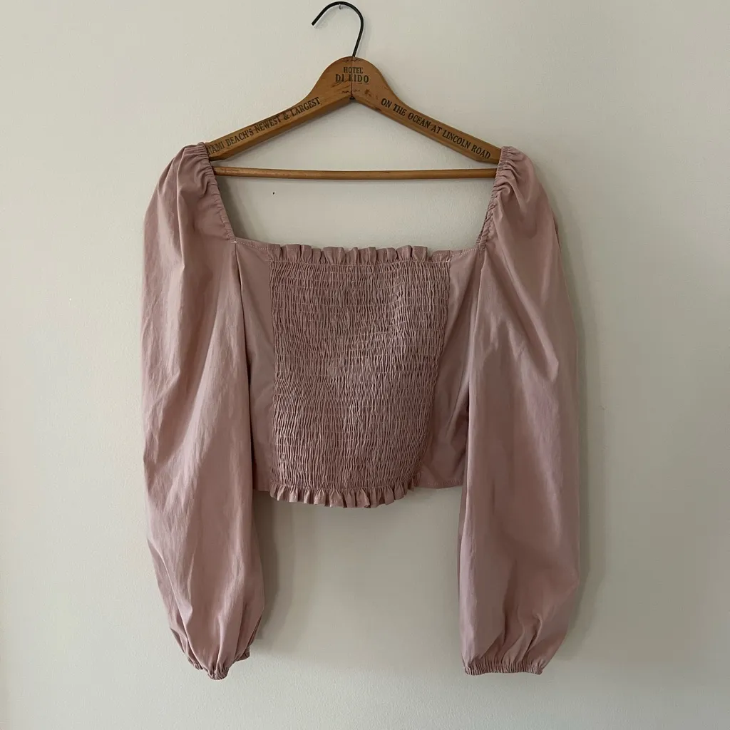 Miss Lola Corset Crop Top balloon Puff‎ sleeve Large Dusty Rose Mauve Smocked - Image 3