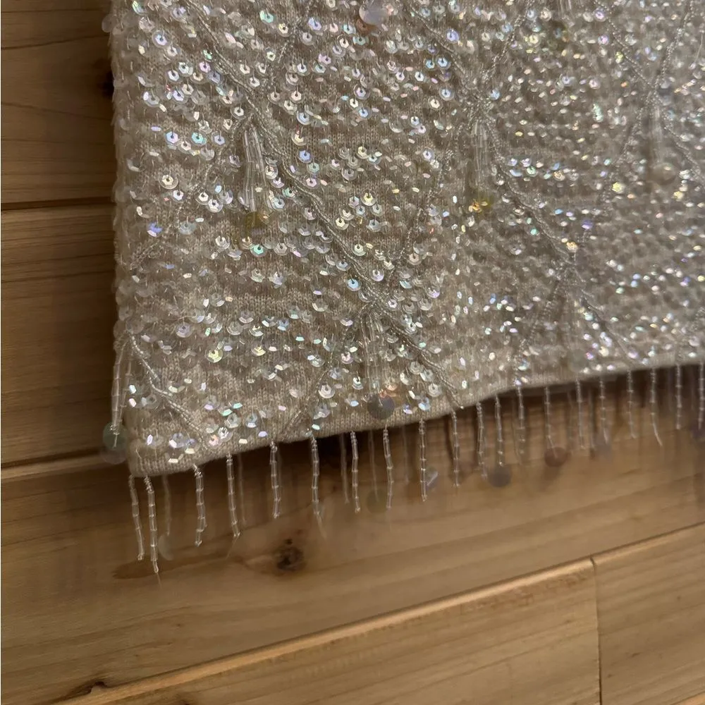 Vintage Fully Beaded Sequin Size Medium Lined Wool Cropped Tank Top Silver - Image 3