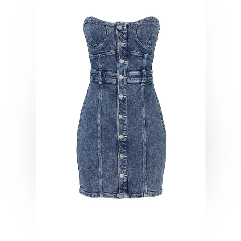 Strapless Denim Mini Dress Corset Bustier Button Front Sweetheart sz L - Image 2