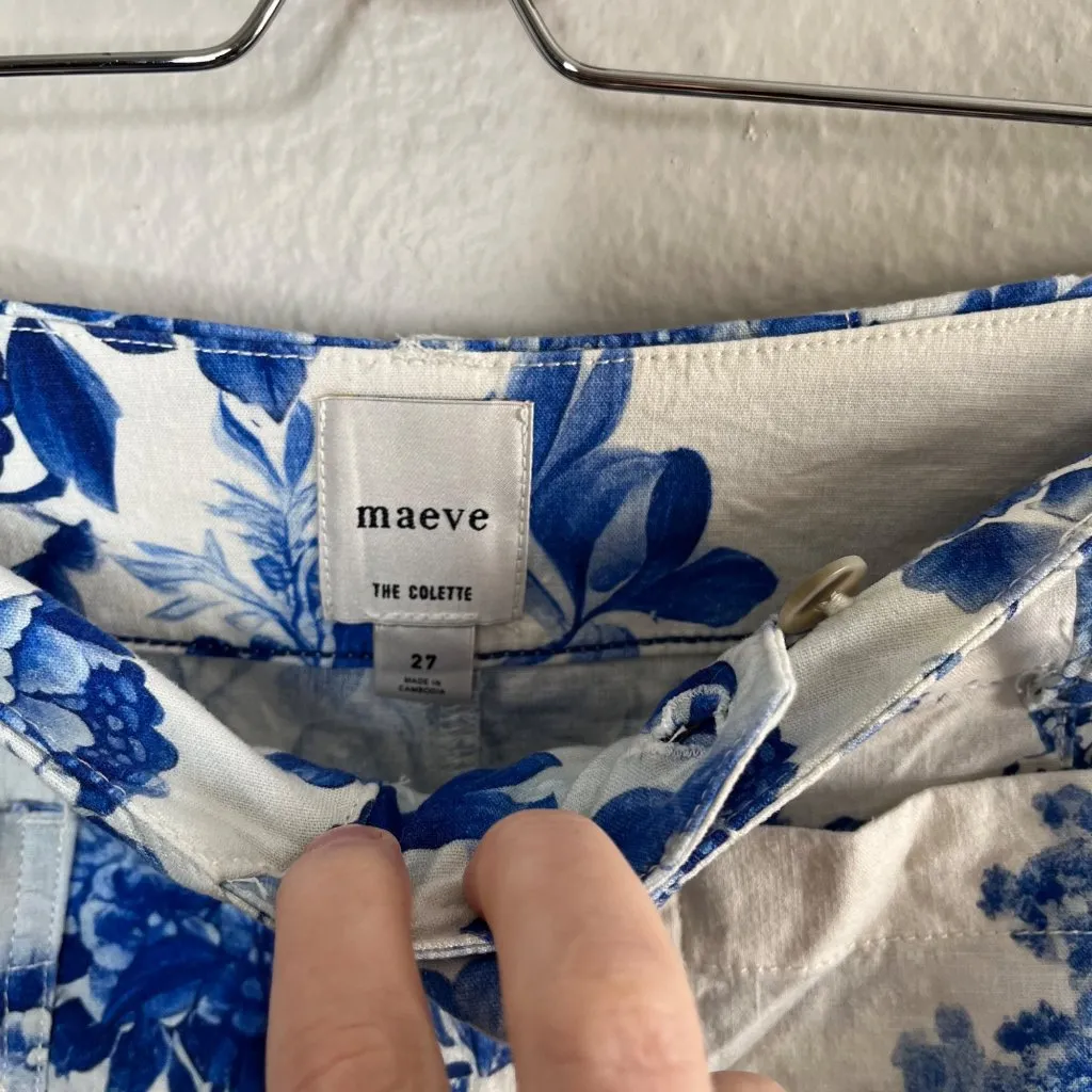 Maeve Anthropologie The Colette Blue Linen Floral Wide Leg Crop Pants Size 27 - Image 4