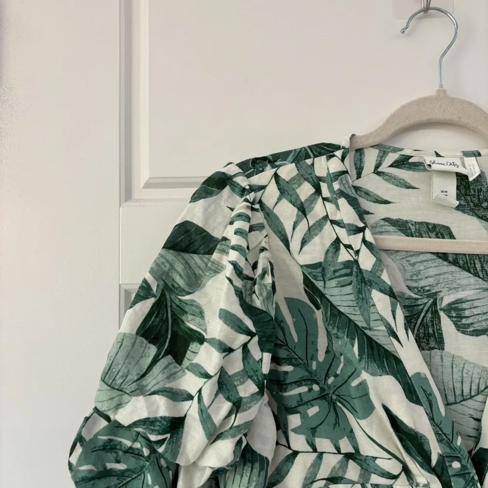 H&M x Johanna Ortiz Green White Linen Leaf Dress - Image 9