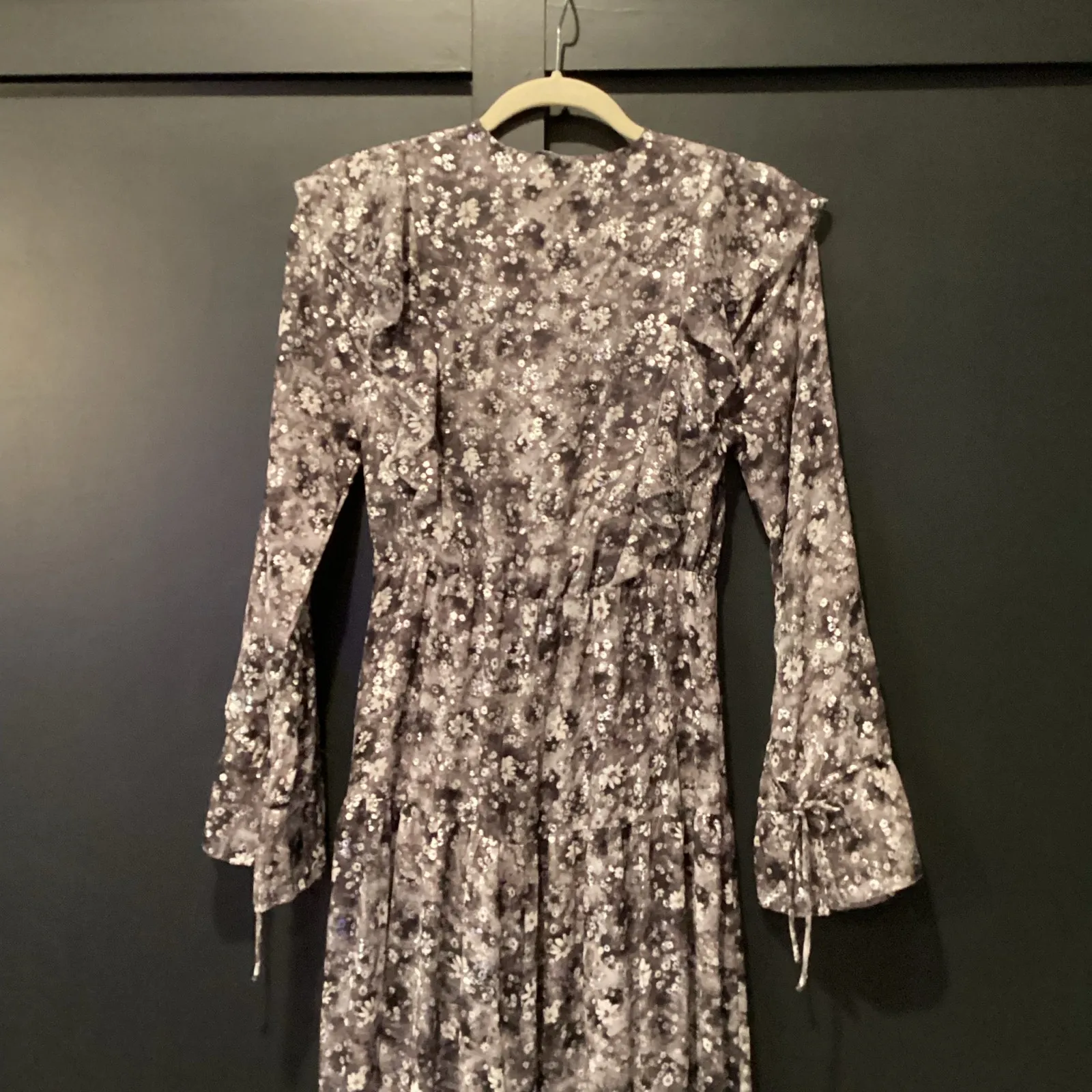 The Kooples black and Silver Floral Print ruffle v neck long sleeve midi dress 0 - Image 12