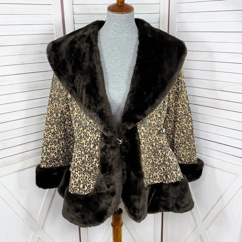 Newport News Vintage Embossed Faux Fir Trim Leather Princess‎ Swing Coat Small - Image 8