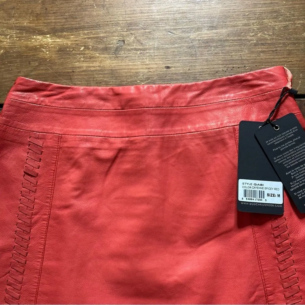 NWT Bod & Christensen Gabi Coral Red Real Leather Mini Skirt Whipstitch Medium - Image 12