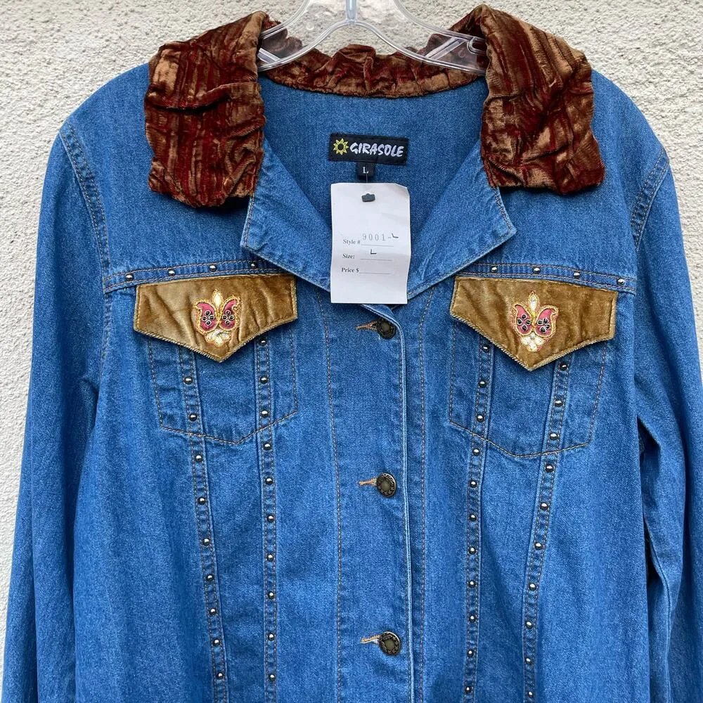 Vintage NEW Girasole Lightweight Denim L Jacket Velvet Embroidery Blue Size L - Image 2