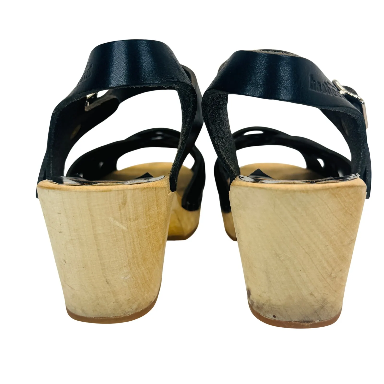 Swedish Hasbeens Toffel Black Leather Clog Sandals EU36 Wood Heel Sweden Size 5.5 - Image 7