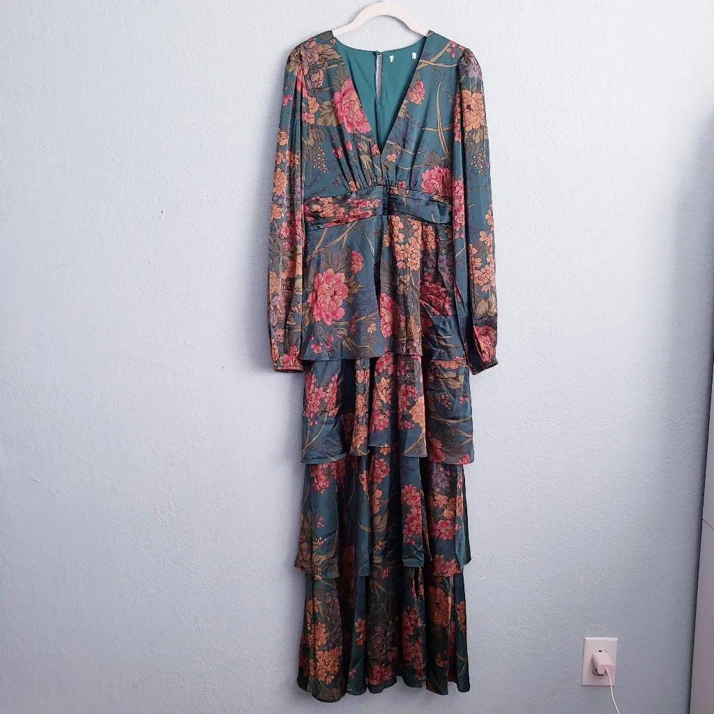 Baltic Born Montrouge Emerald Floral Satin Tiered Maxi Dress - Image 3