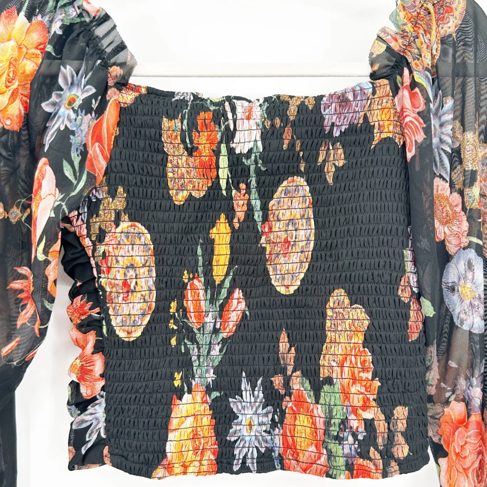 B+Vestry Floral Print‎ Ruched Long Sleeve Mesh Going Out Bustier Blouse Size L Black Size L - Image 8