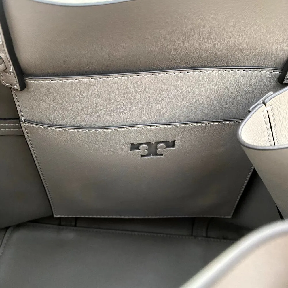 Tory Burch Block T Drawstring 100% Leather Tote Bucket Bag French Gray Handbag - Image 9