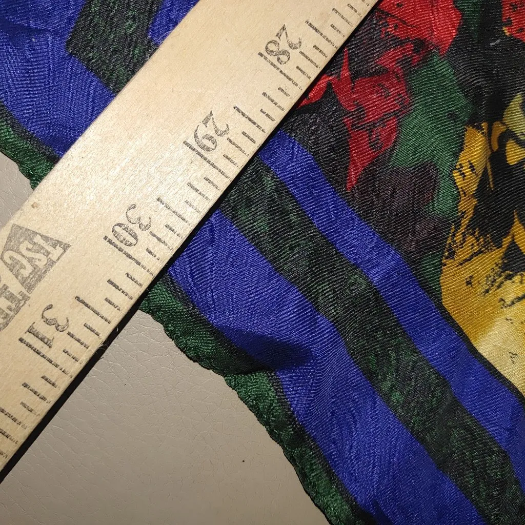 Vintage Floral Silk Square Scarf Flowers Roses Bold Red Yellow Blue Green Design - Image 5