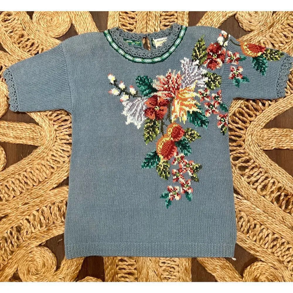Vintage Marisa Christina Hand Knitted Floral Embroidered Short Sleeve Sweater Blue - Image 8