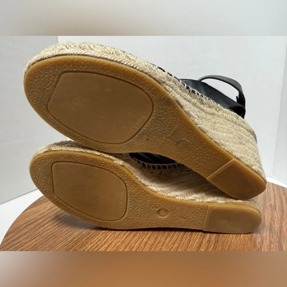 Vince Seymour Covered Black Leather Open Toe Espadrille Jute Wedge Sandal 9M - Image 7