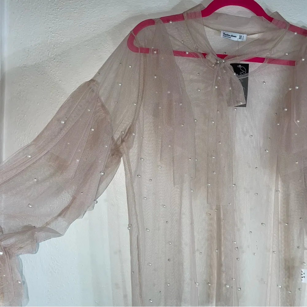 Fashion Leader L Tan Mesh Top Pearl Beaded Long Ruffle Sleeves Size L - Image 2