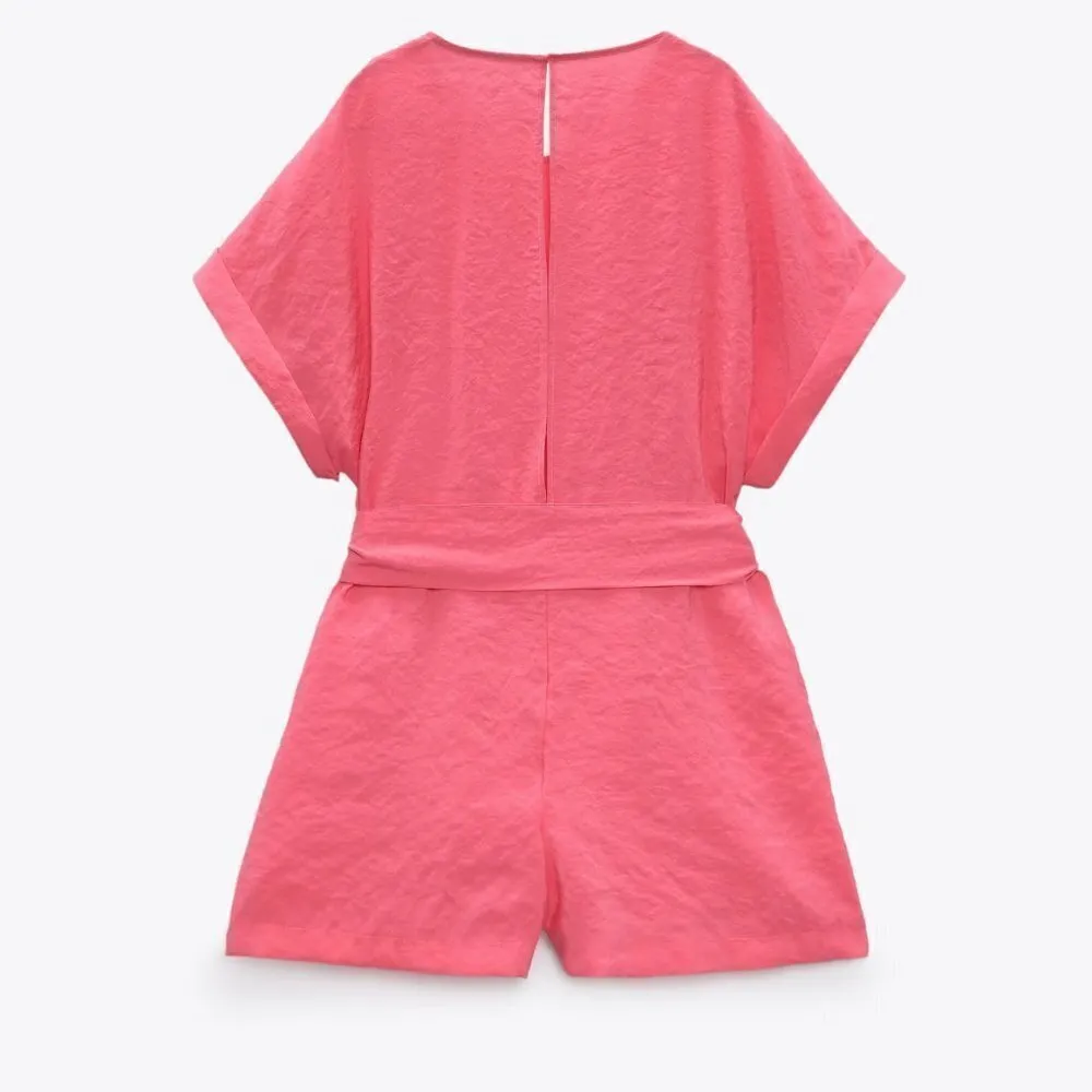 Zara Belted Short Romper XXL Barbie Hot Pink Open Back Pockets Modal Cuffed - Image 6