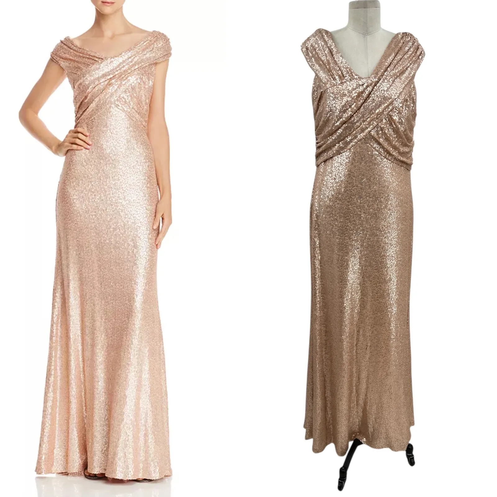 Tadashi Shoji Off-the-Shoulder Sequined Gown Champagne‎ Rose Gold Size XL - Image 2