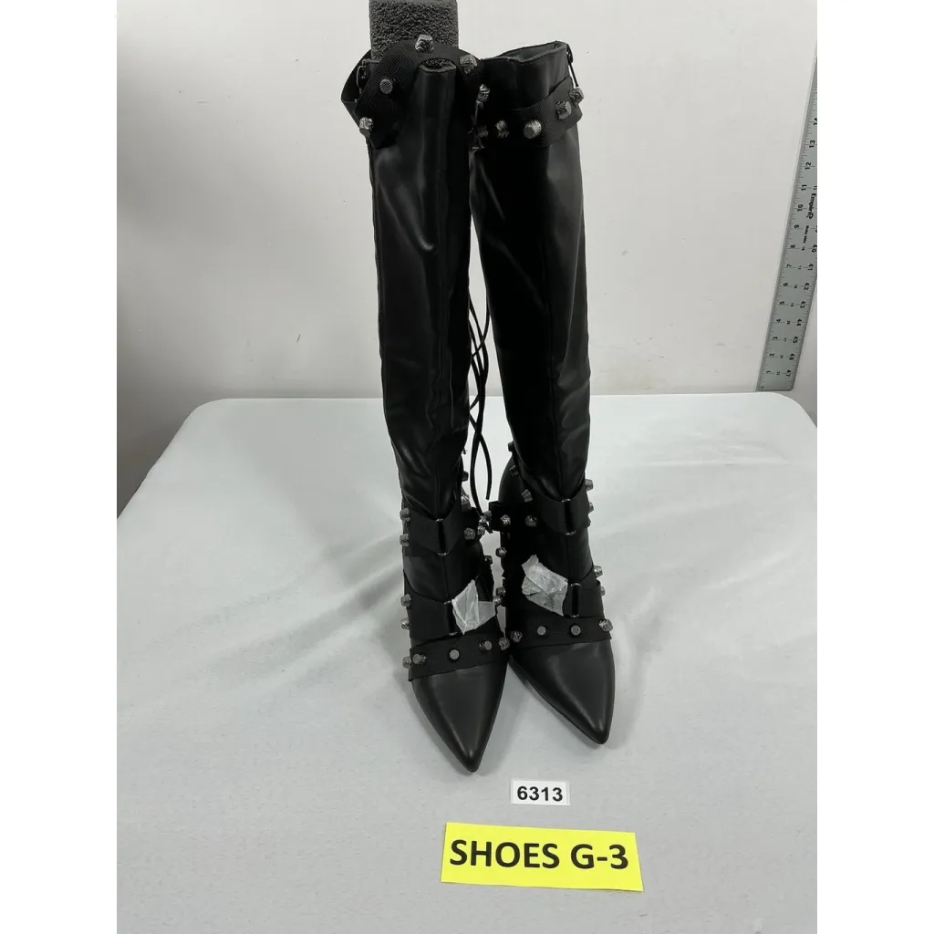 Womans Counco Stiletto Knee High Boots 7.5 Black Pointed Toe Fullzip Studs NWOT - Image 3