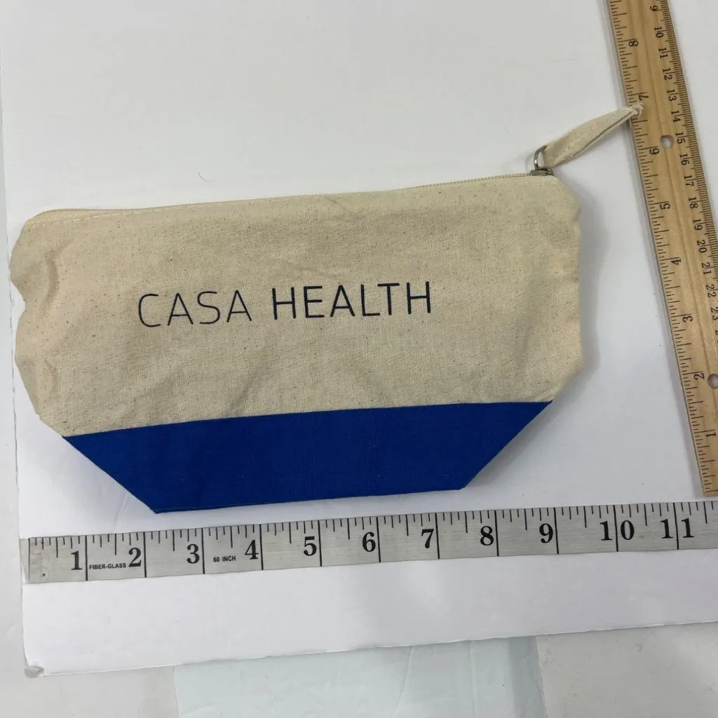 Casa Health Cotton Canvas Zipper Pouch Beige/Blue 10x7 Inches Lightweight 13q Blue - Image 2