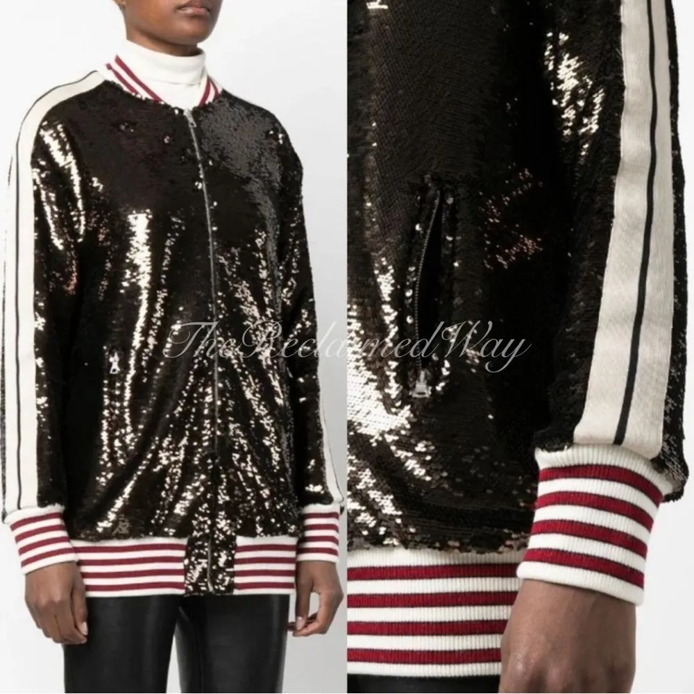 Palm Angels Sequin Track Jacket Zip Up Striped Oversized Coat Chocolate Brown - Image 7