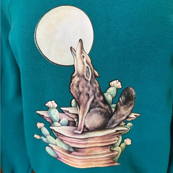 Vintage Howling Coyote Graphic Sweatshirt USA Made Teal Medium Blue - Image 3
