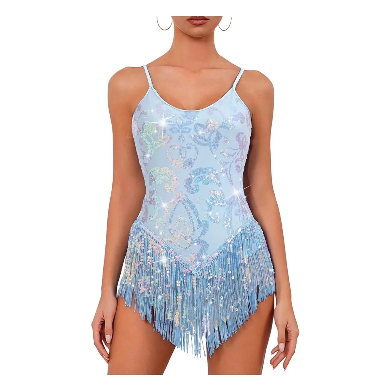 Sparkle Sequins Fringe Leotard Baby Blue Dance Costume Women Small Size L - Image 2