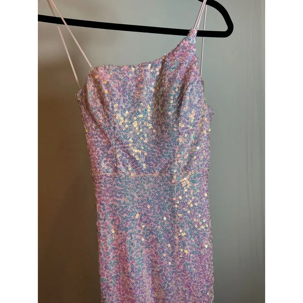 Midnight Doll One Shoulder Pink Sequin Gown with Front Slit Size 0 - Image 3
