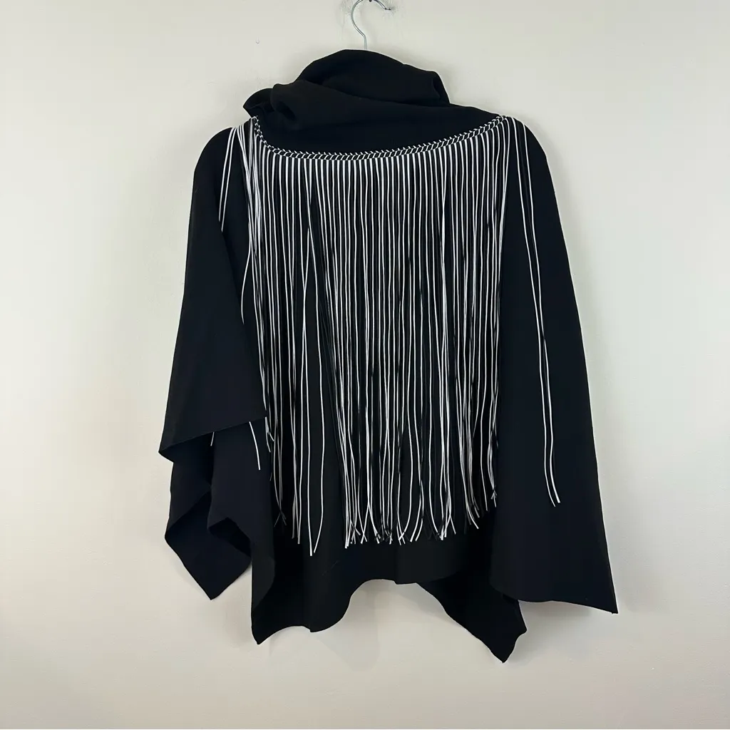 Zara Black Fringe Western Sweater Cowl Neck Poncho Size Large Women's - Image 6
