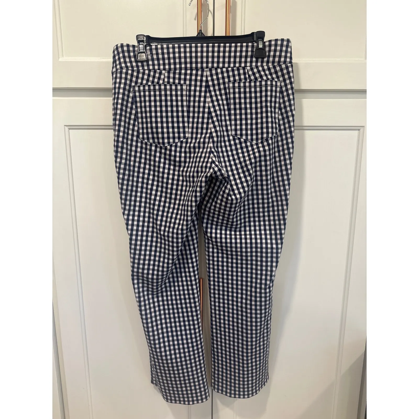 J McLaughlin Gingham Check Flare Leg Pants Navy White Size 12 casual boho women - Image 4