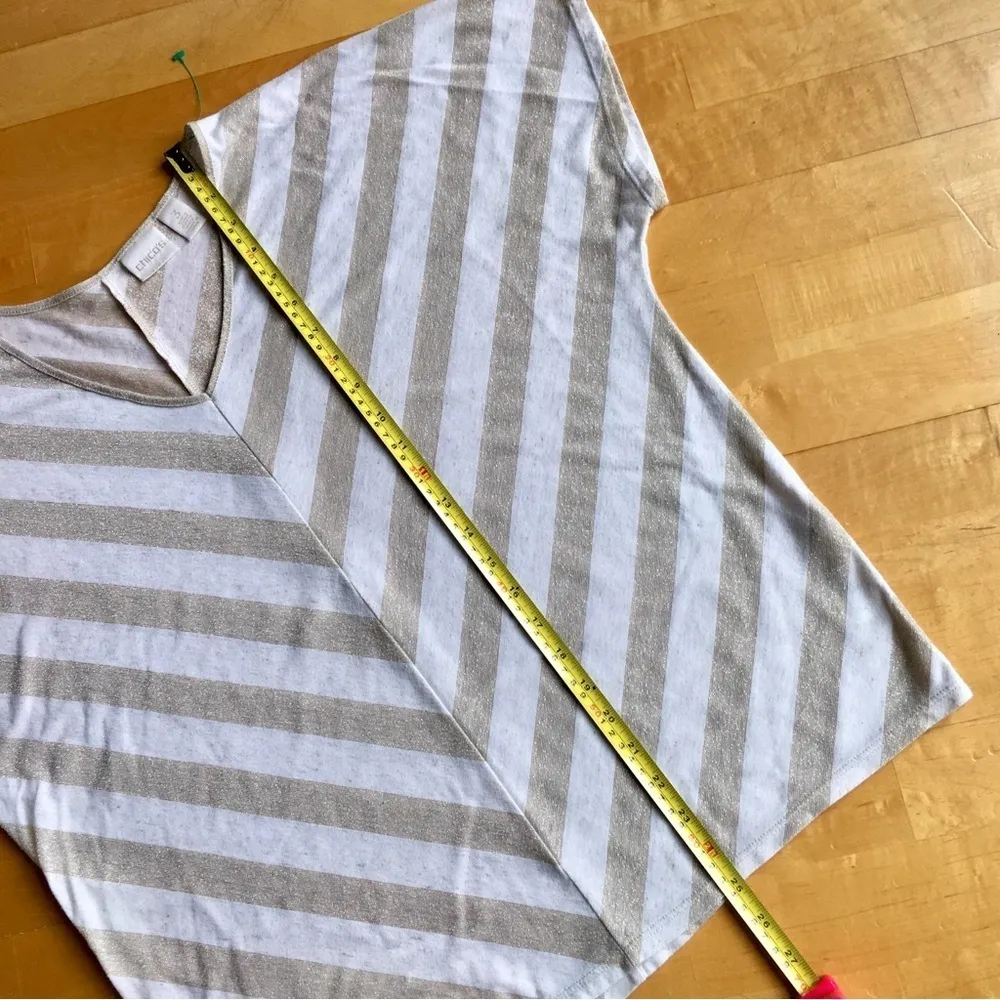 Chico’s Chevron Metallic Stripe V-Neck Tee, Gold, Cream, Size 3 (XL/16) - Image 10