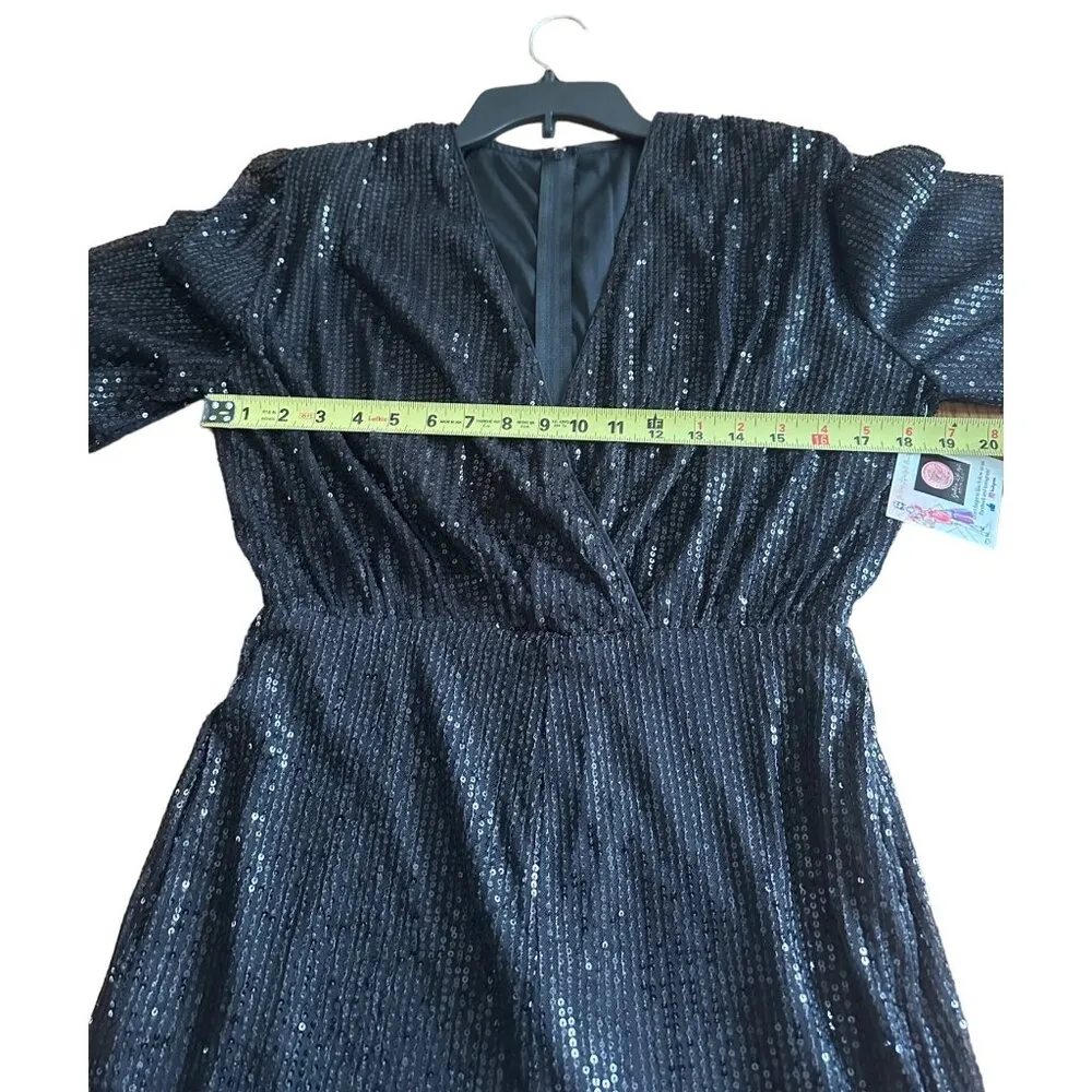 Womens Sparkling Sequin Jumpsuit V Neck Long Sleeve Evening Cocktail Party Sexy Black - Image 7
