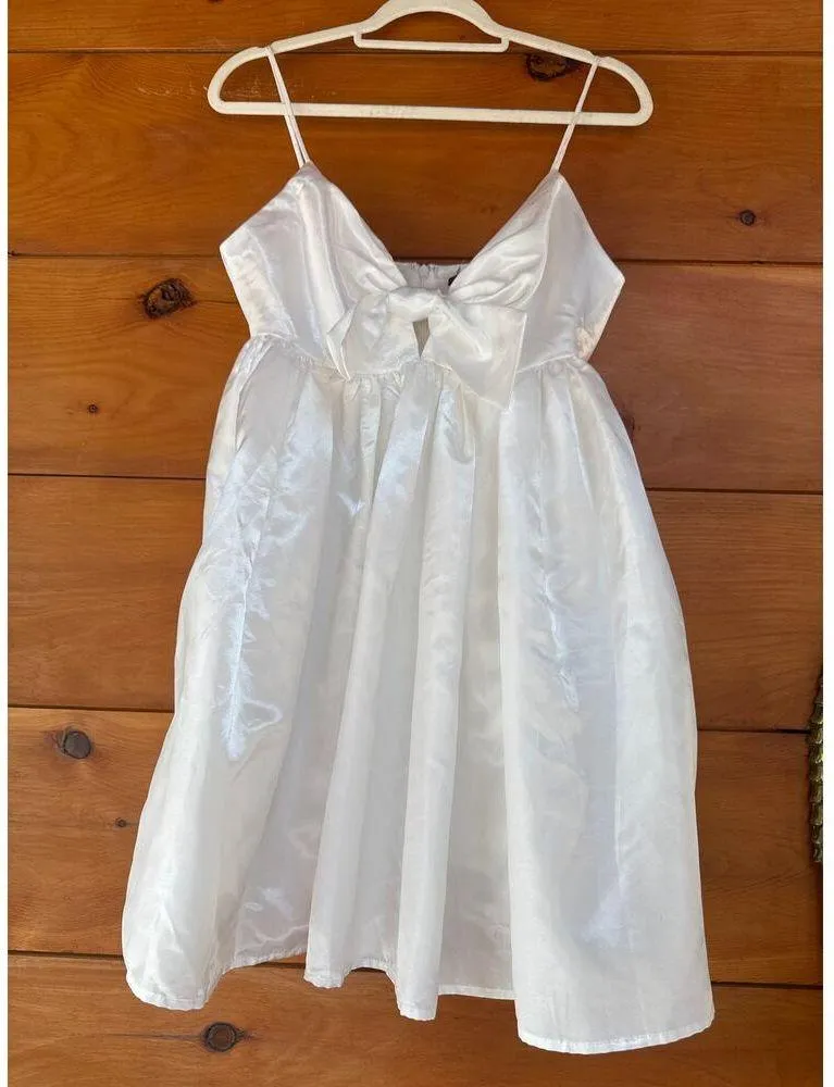 Lulus Baby Girl White Satin Babydoll Mini Dress With Pockets Engagement Size M - Image 4
