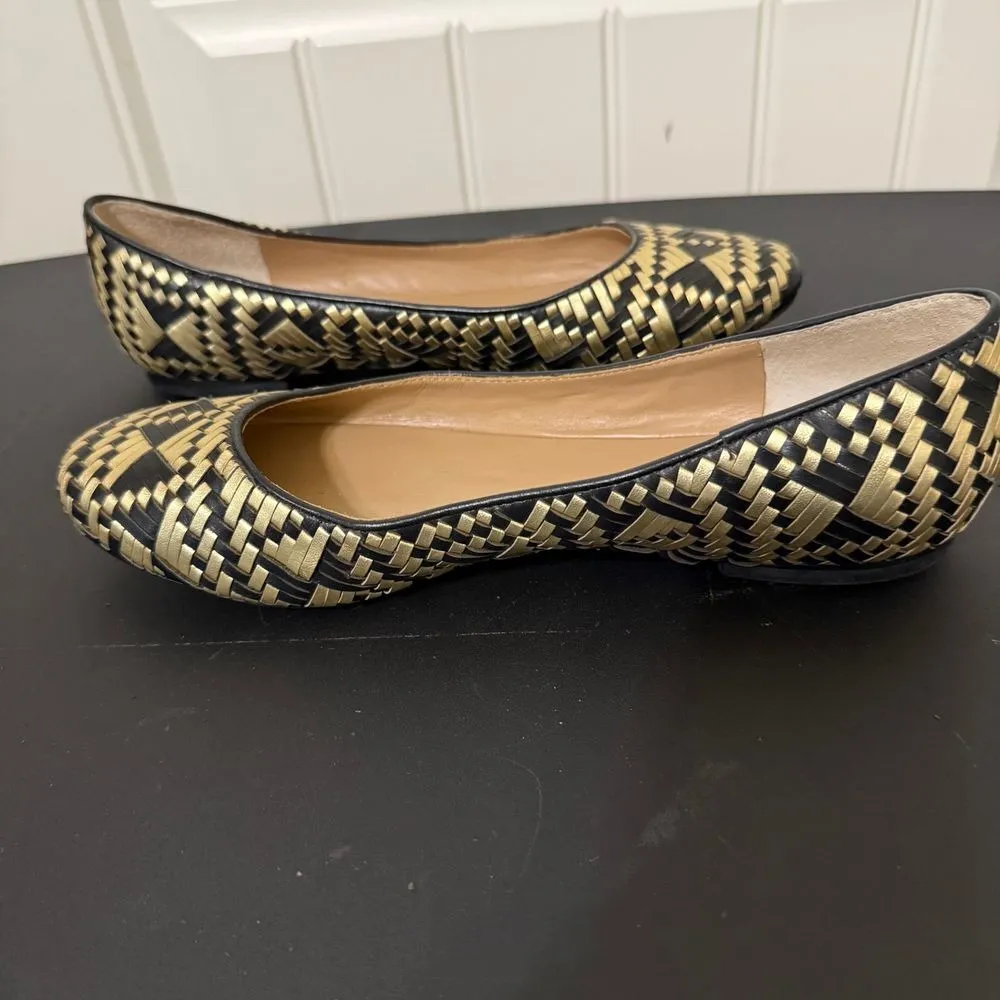 Rebecca Minkoff Womens  Uma Flat 8.5M Metallic‎ Gold Black Woven Pattern Round - Image 8